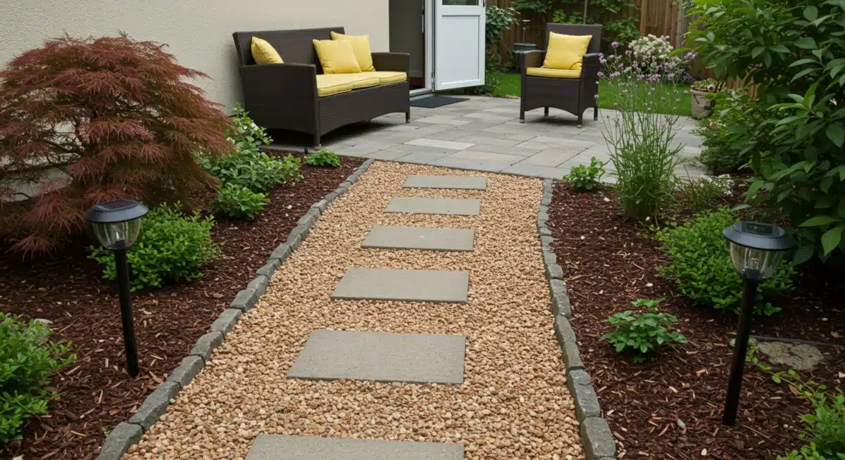 Gravel pathway with solar lights and resilient plants