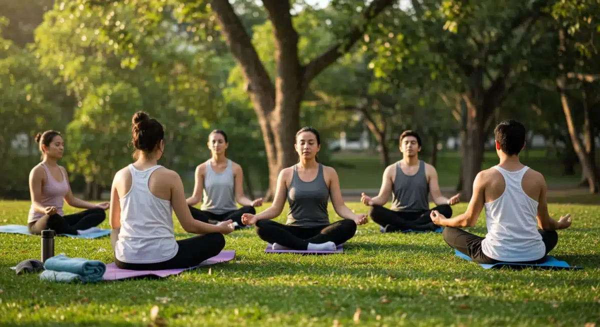 Group practicing guided outdoor meditation