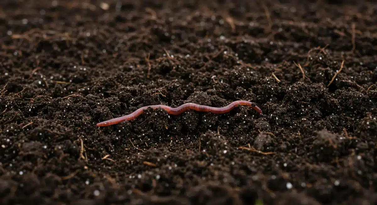 Close-up of healthy, dark soil with earthworms, indicating robust soil biology.