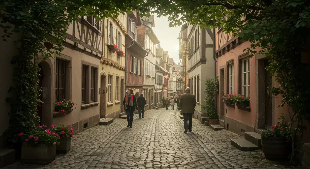 Charming cobblestone street in historic US town