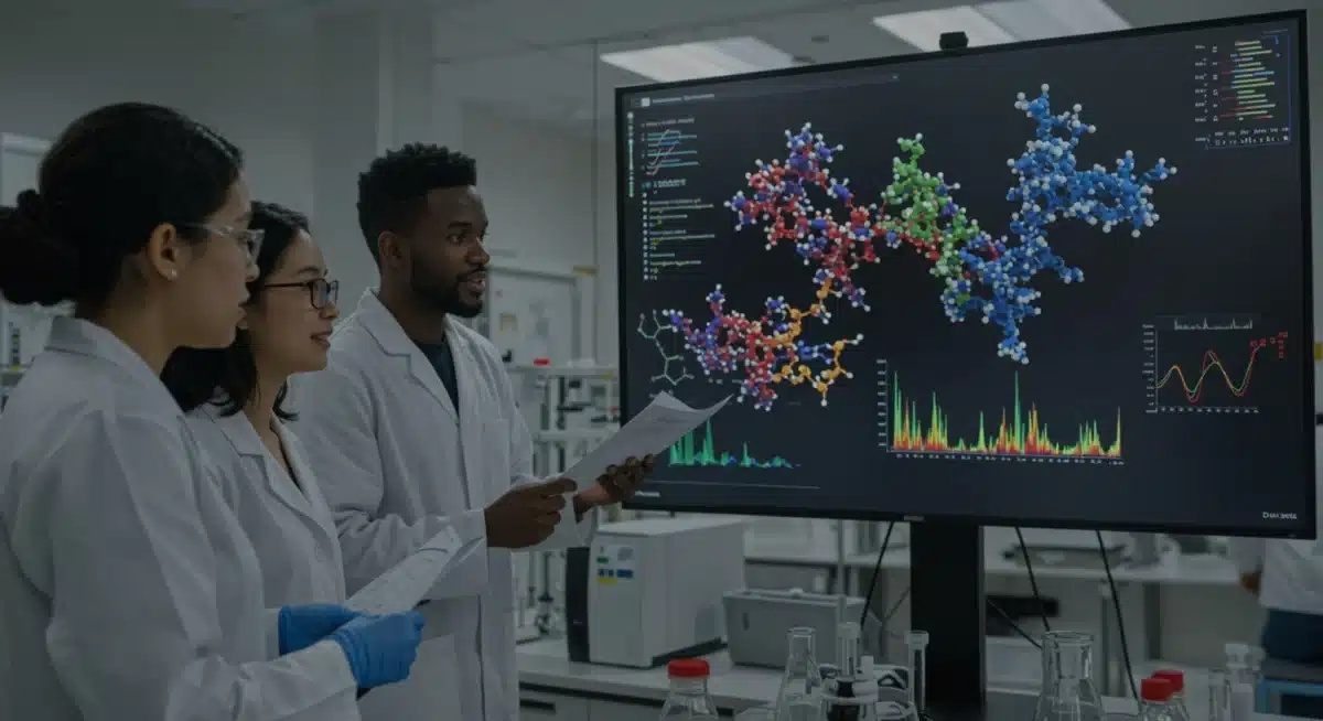 Scientists collaborating on AI-generated molecular models in a lab