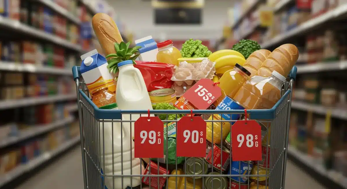 Grocery cart with inflated prices on essential items, showing budget strain.