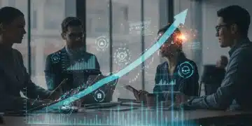 Technological innovation fostering US economic growth in 2025, with digital trends and collaborative work.