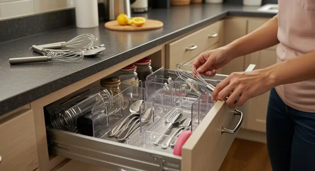 Person organizing a kitchen drawer with dividers for neat storage.