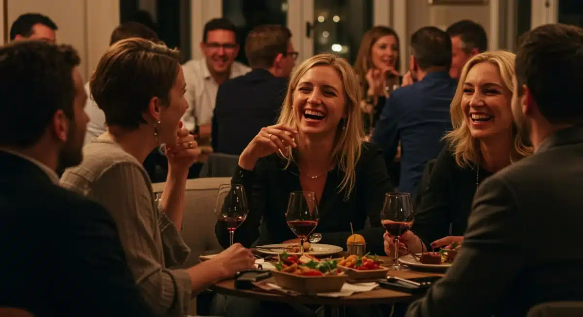 Guests enjoying conversation and laughter at a lively dinner party