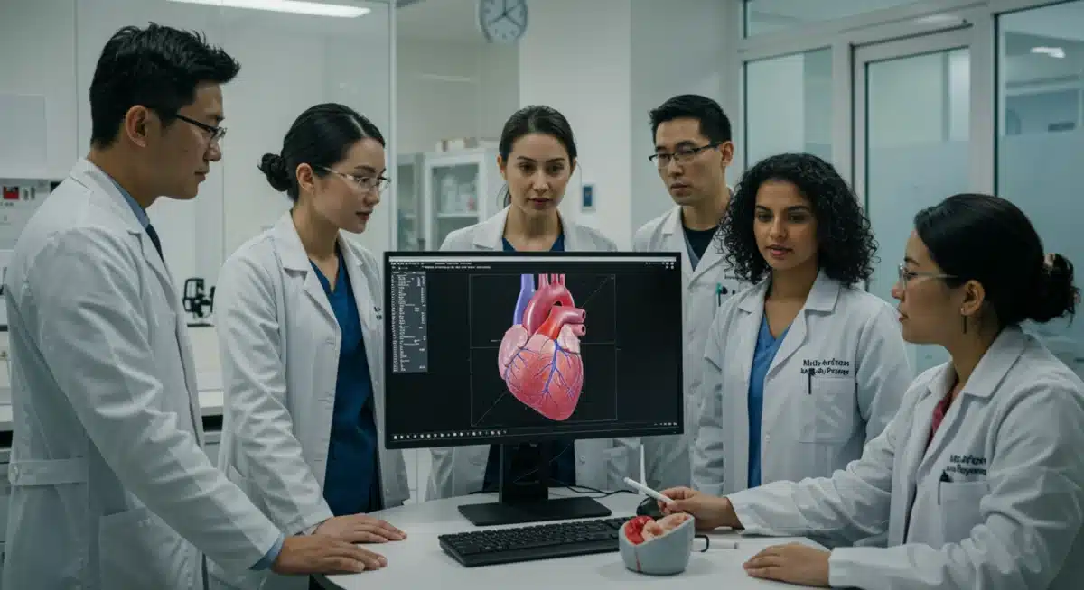 Medical team discussing 3D bioprinted heart model