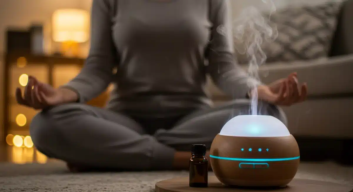 Individual meditating with a smart aromatherapy diffuser for relaxation