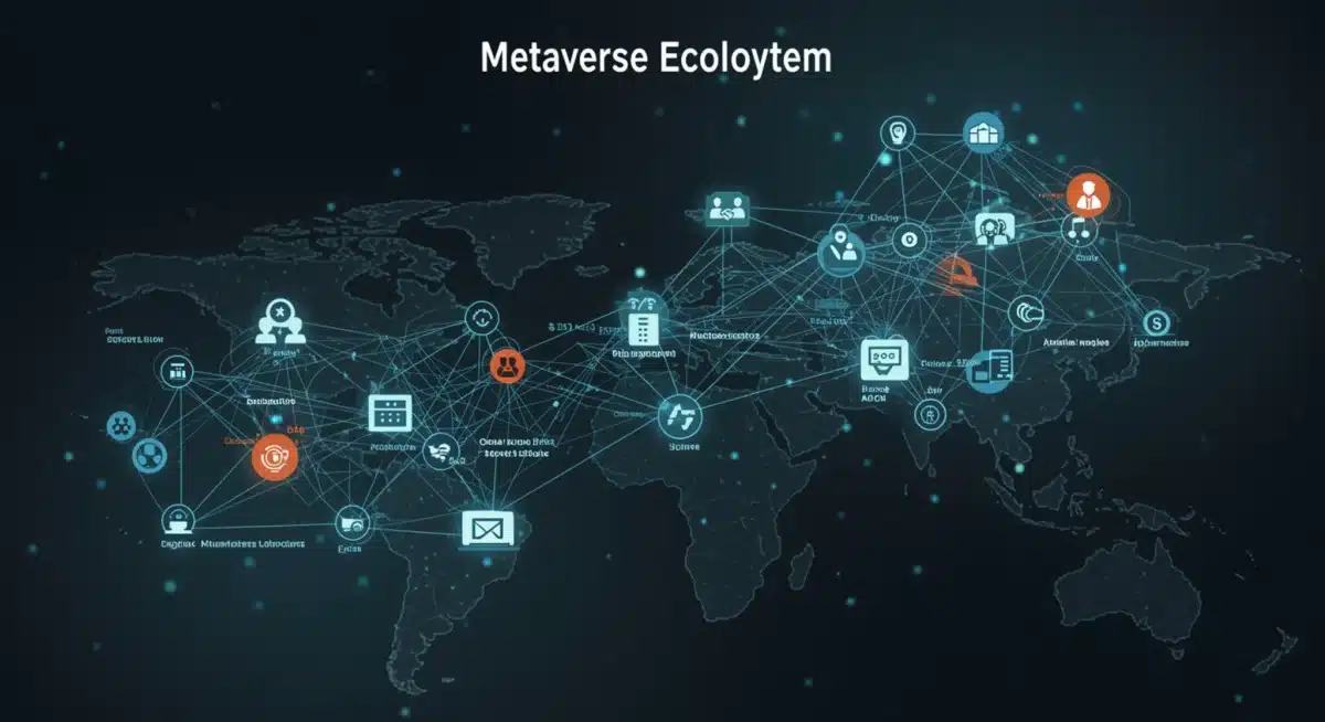 Metaverse ecosystem data flow connecting various business sectors.
