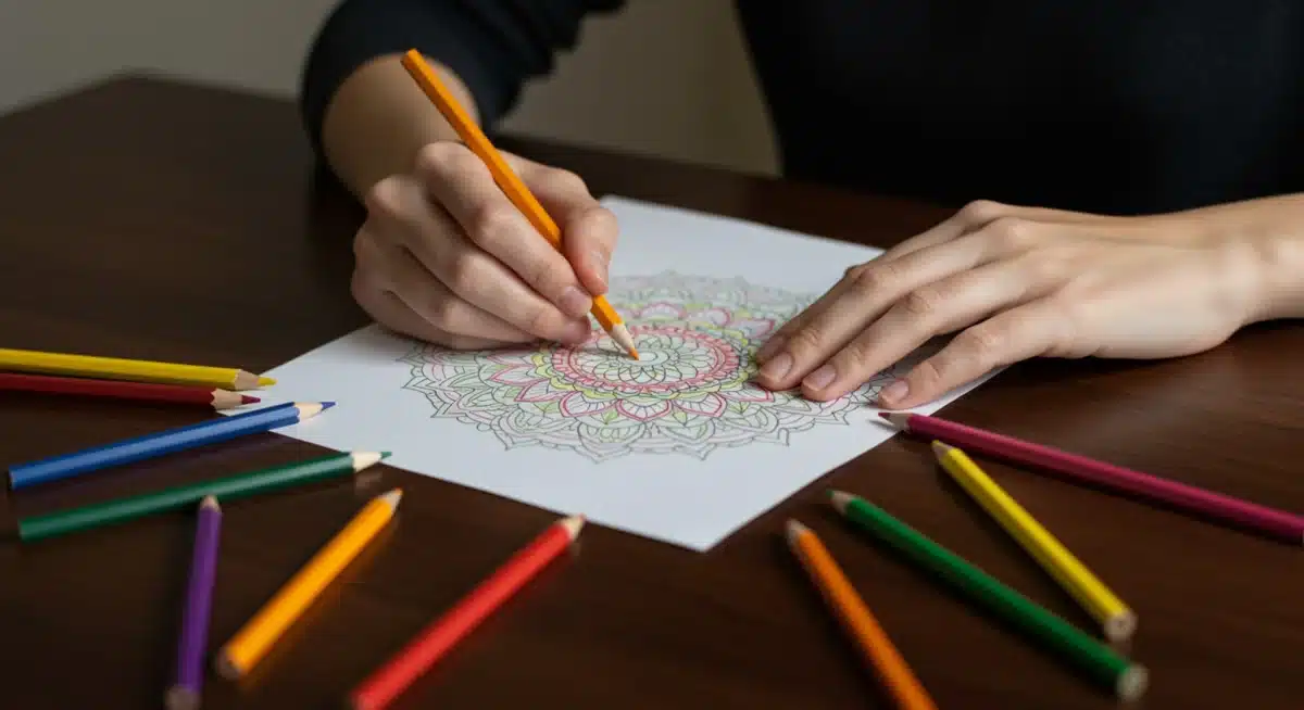 Hands coloring an intricate mandala design with colored pencils, promoting mindfulness.