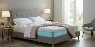 Luxurious bed with smart pillows and temperature-regulating mattress in a modern bedroom.