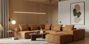 Modern living room with 2025 design trends, natural wood, modular sofa, smart lighting