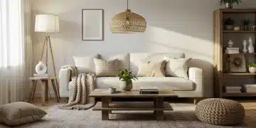 Modern living room with natural elements and warm tones, showcasing lasting home decor trends for 2025.