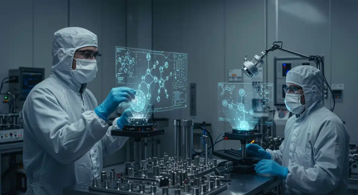 Scientists conducting nanotechnology research in a cleanroom