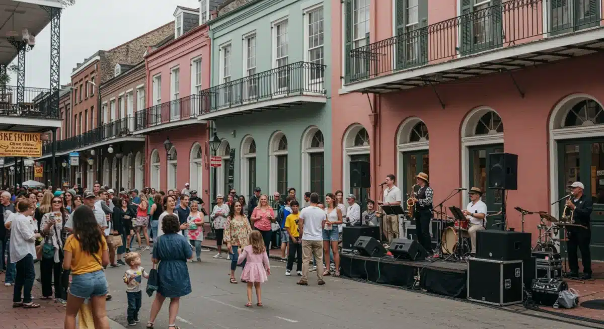 Vibrant New Orleans street festival with jazz music and historic architecture.