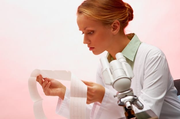 A scientist in a lab coat examining skin under a microscope, with charts showing clinical data on collagen and wrinkle reduction in the background.