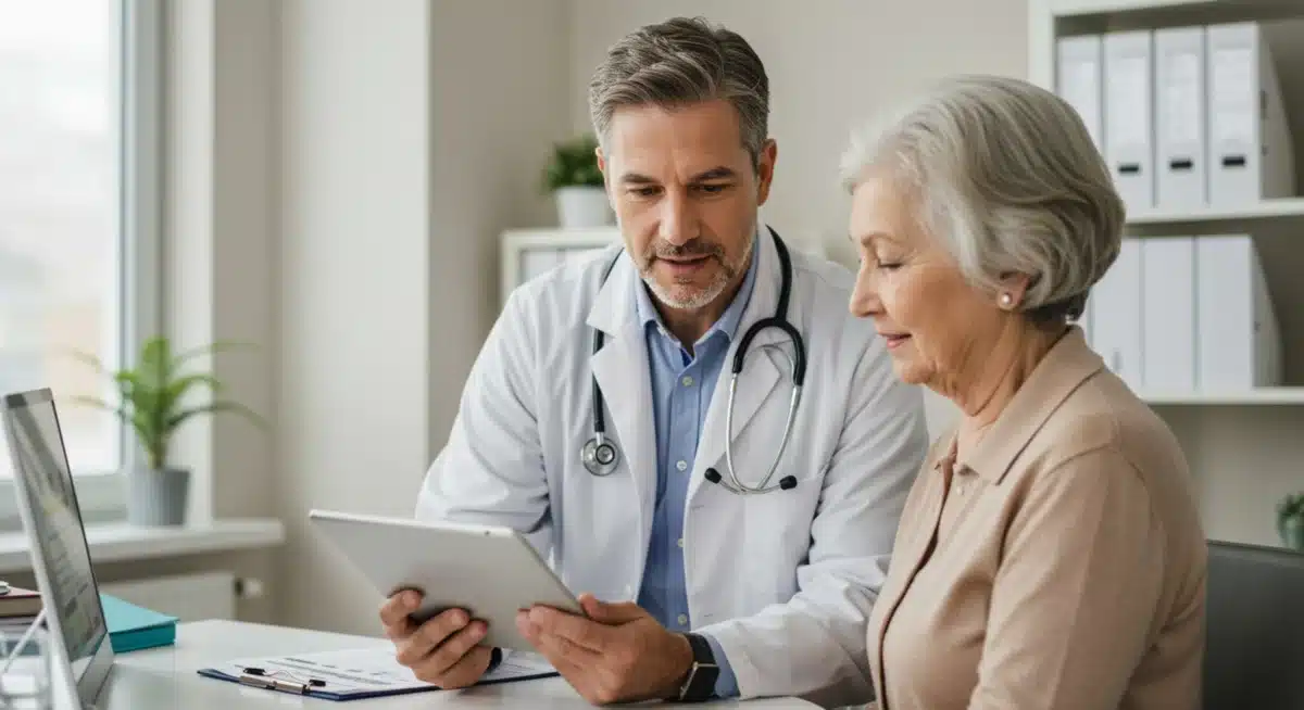 Doctor shows elderly patient personalized treatment plan on a tablet, highlighting patient-centric care.