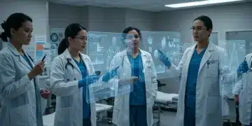 Healthcare professionals analyze genomic data on advanced screens, representing personalized medicine in the US by 2025.