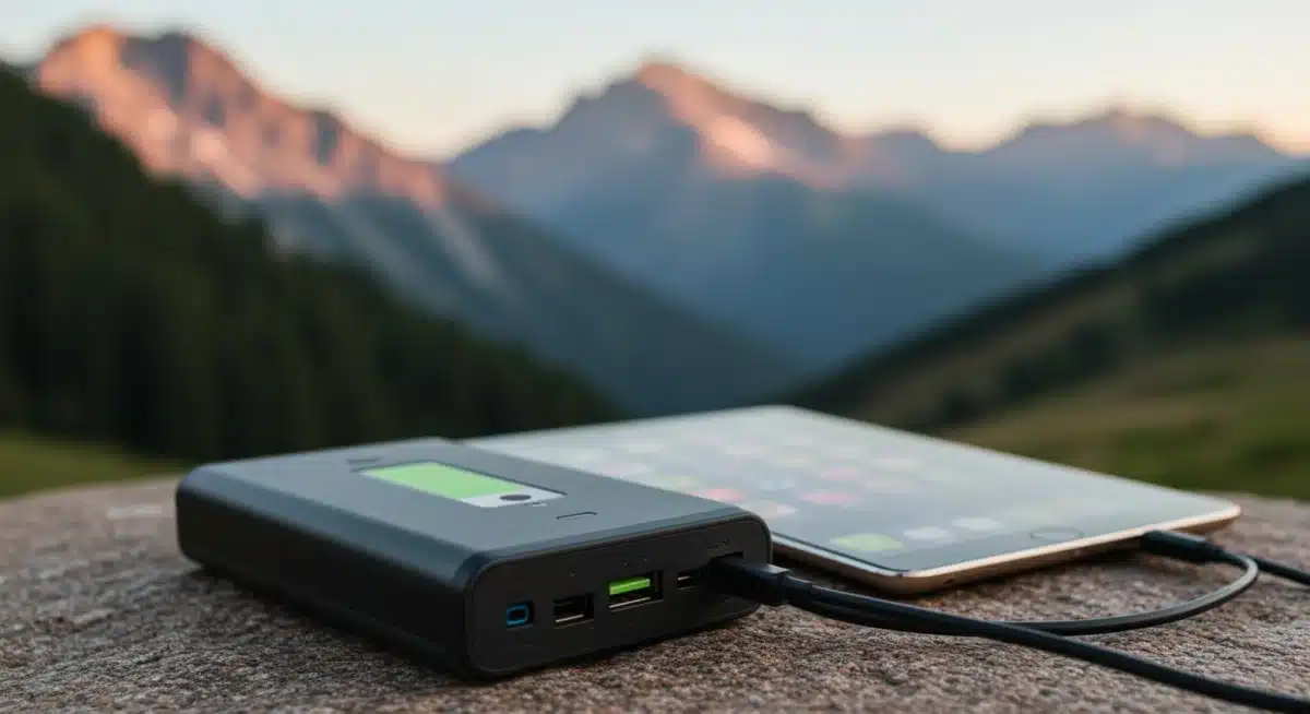 Portable power bank charging devices in a scenic outdoor setting