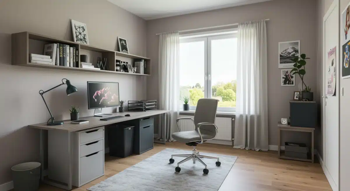 Productive and comfortable home office with ergonomic furniture and natural light, reflecting the hybrid living trend.