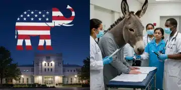 Republican and Democratic symbols illustrating contrasting healthcare reform platforms.