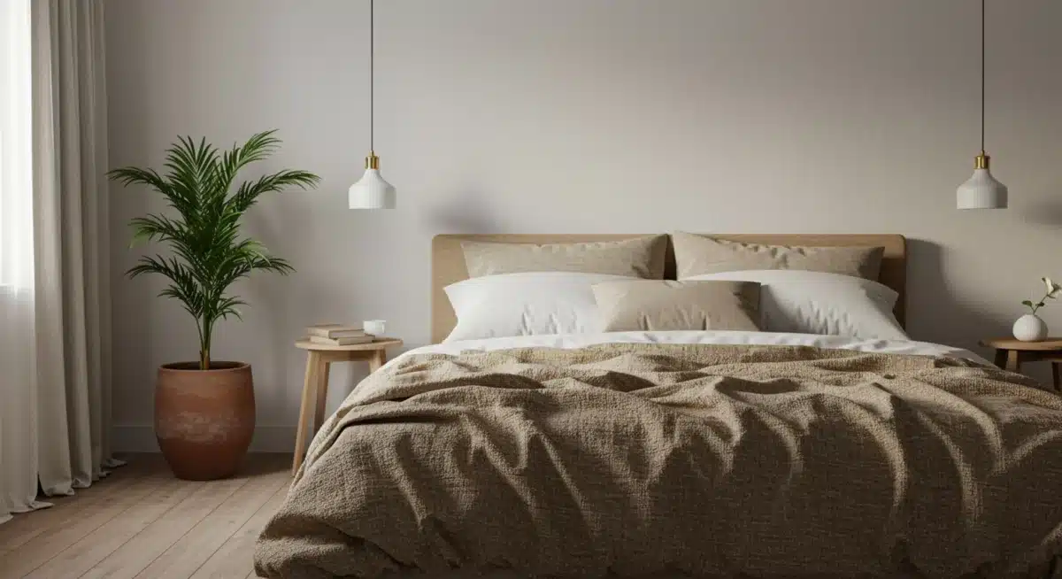 Serene minimalist bedroom with natural fibers and soft lighting, embodying a wellness-focused design trend.