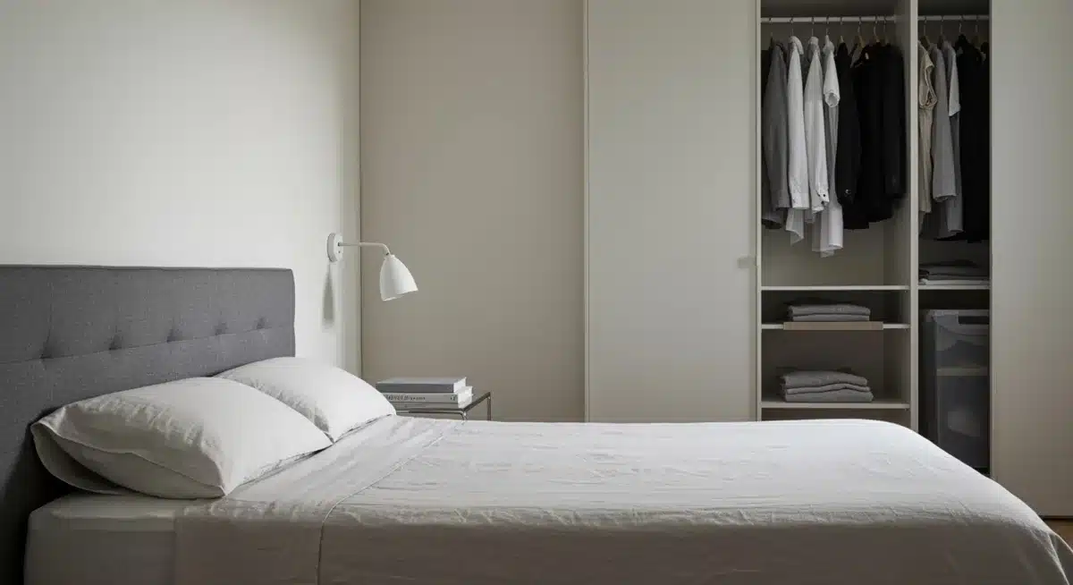 Serene bedroom with a neatly made bed and organized bedside table.
