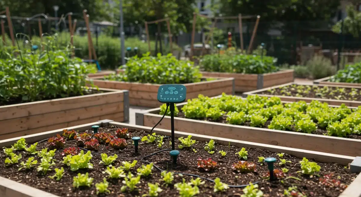 Urban community garden with smart irrigation and environmental sensors.