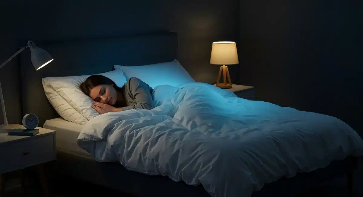 Person sleeping soundly under a smart duvet with integrated light therapy.