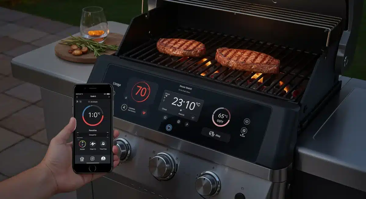 Smart grill display showing temperature and remote monitoring via smartphone