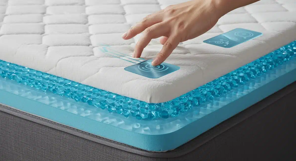 Smart mattress with embedded sensors and cooling gel layers for advanced sleep monitoring.