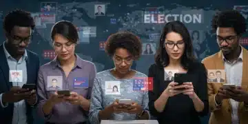 Diverse individuals engaging with political content on social media during the 2024 election.