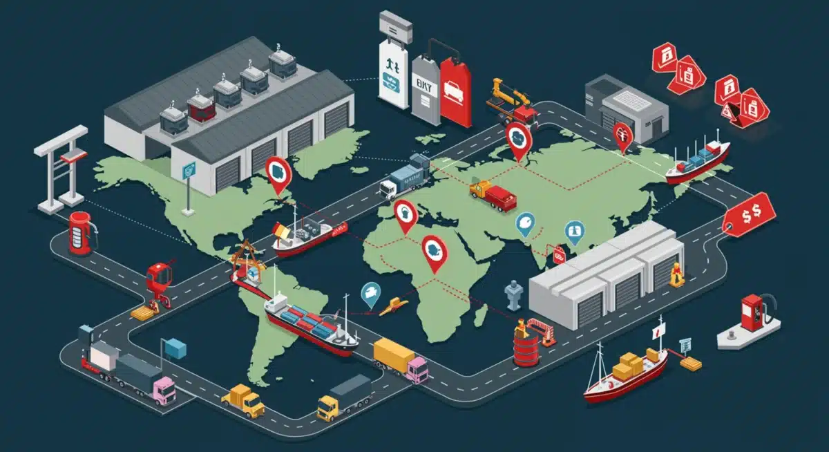 Visual representation of supply chain disruptions and higher transportation costs due to energy price hikes.