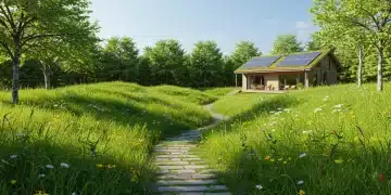 Eco-friendly home in a green landscape, representing sustainable living practices.