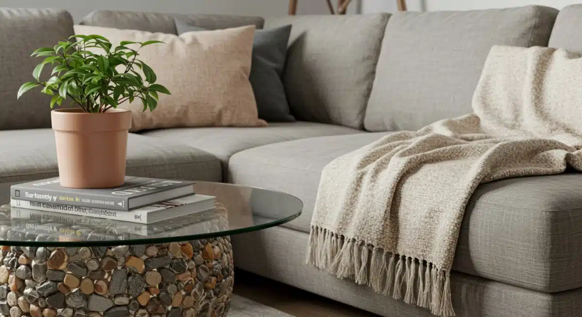 Sustainable living room decor with recycled glass table and organic textiles