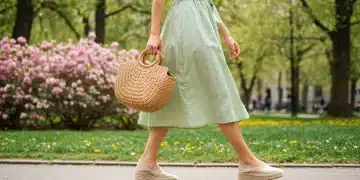 Woman in organic cotton dress, sustainable spring fashion 2025