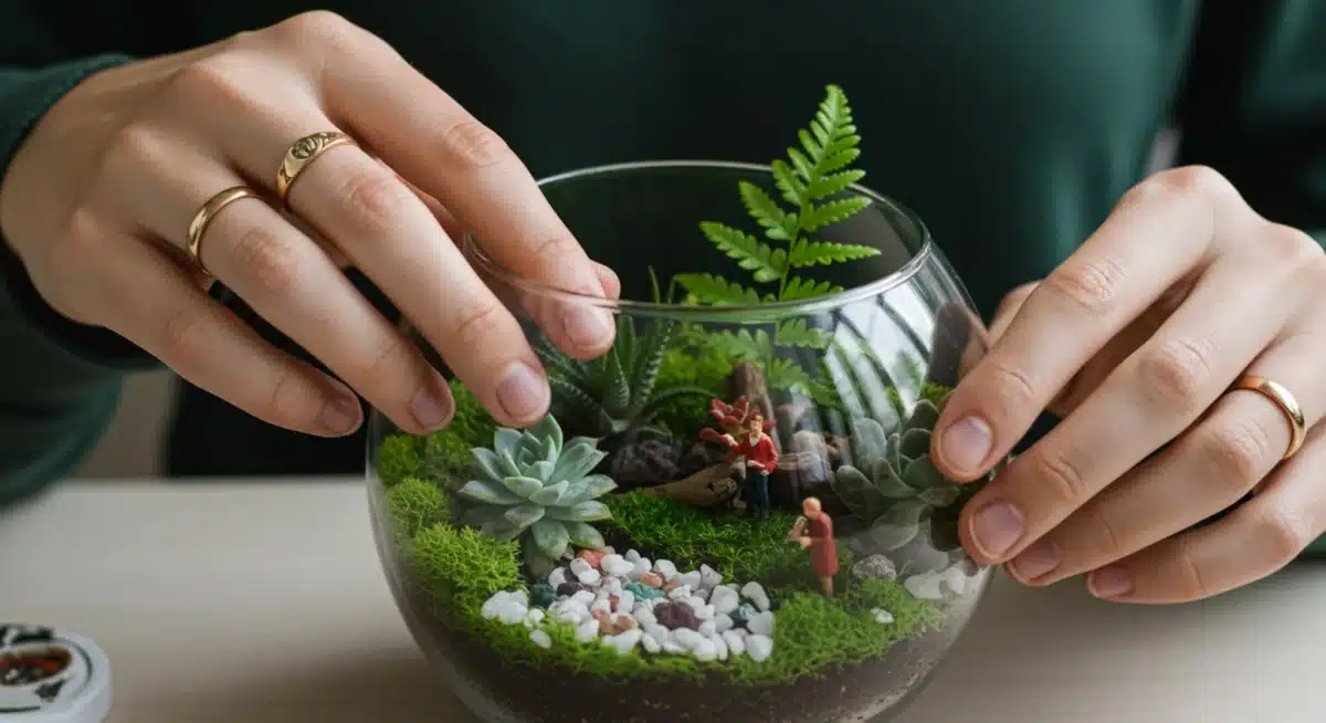 Person crafting a miniature terrarium, promoting sustainable hobbies