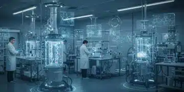 Scientists in a modern lab manipulating DNA, symbolizing synthetic biology's potential.