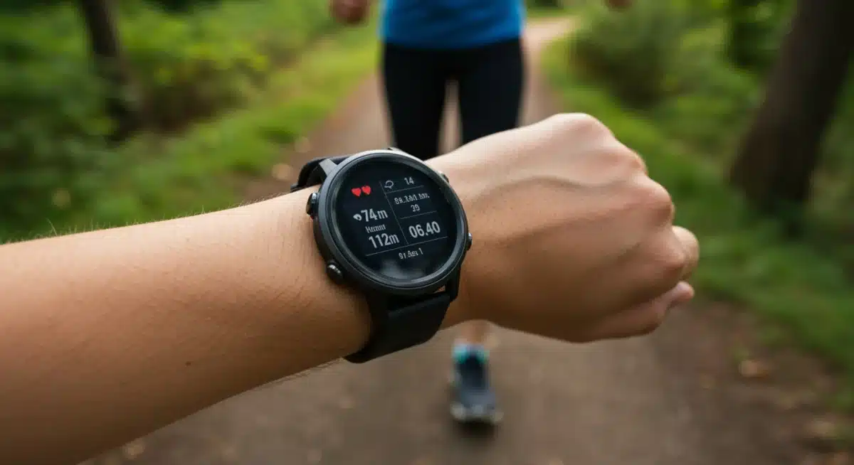 Athlete tracking workout with advanced fitness smartwatch on trail