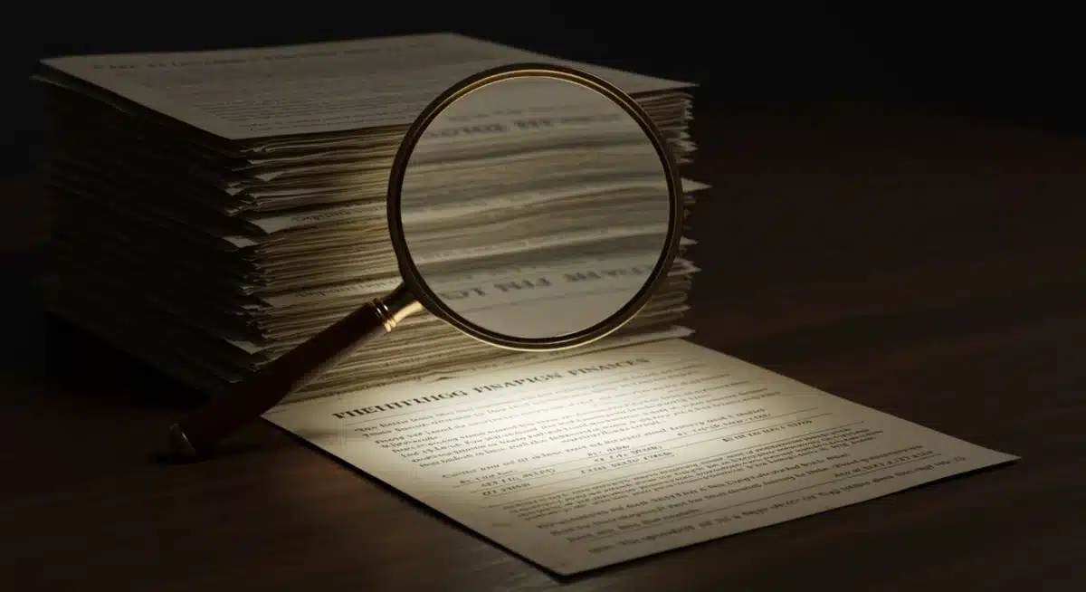Magnifying glass over financial documents, symbolizing transparency in campaign finance.