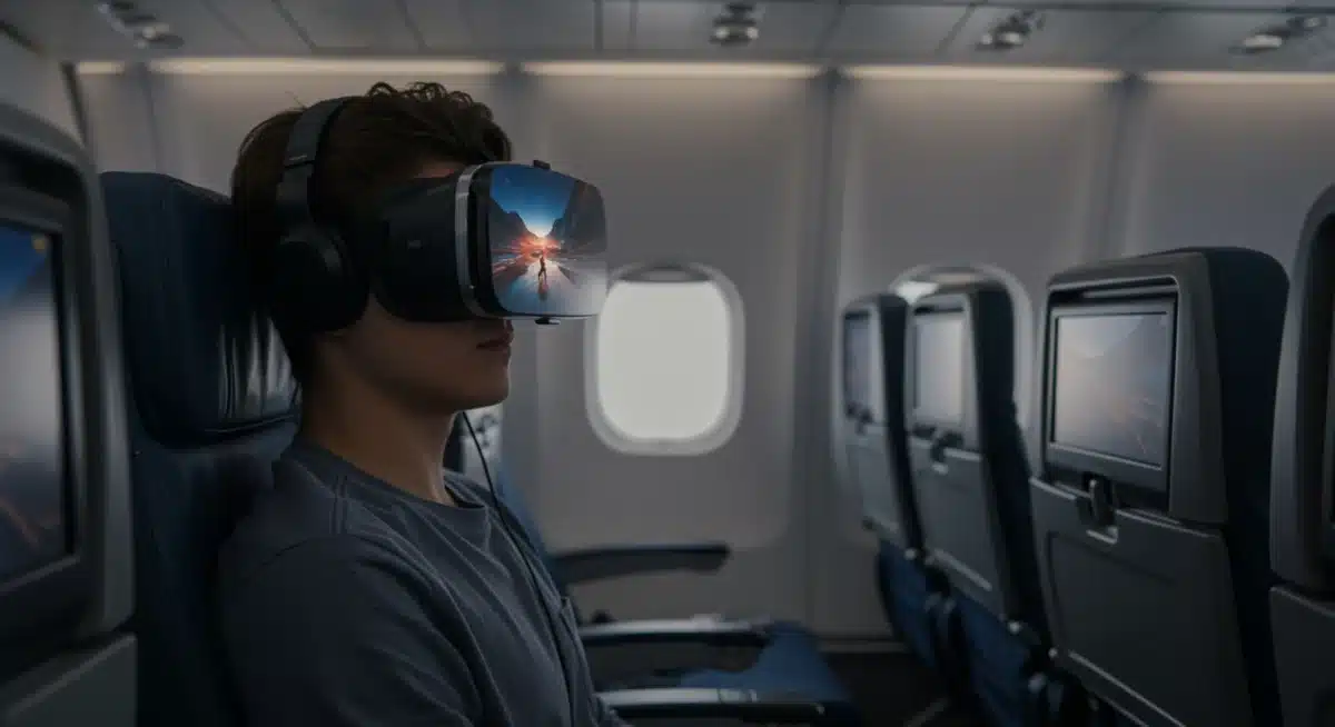 Traveler using VR headset and noise-canceling headphones on an airplane
