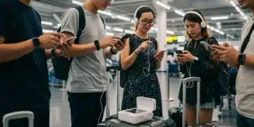 Travelers using portable tech gadgets in a modern airport lounge
