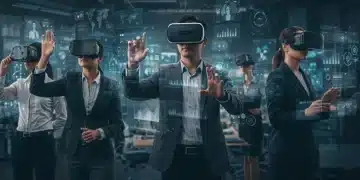 US business professionals in virtual reality collaborating in a metaverse workspace.