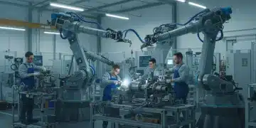 Collaborative robots and human workers on a modern manufacturing assembly line.