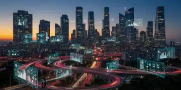 Futuristic US smart city landscape with integrated technology and data streams.