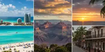 Iconic US summer travel destinations for 2025, featuring beach, city, and national park scenes.