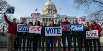 Citizens advocating for voting rights outside a capitol building