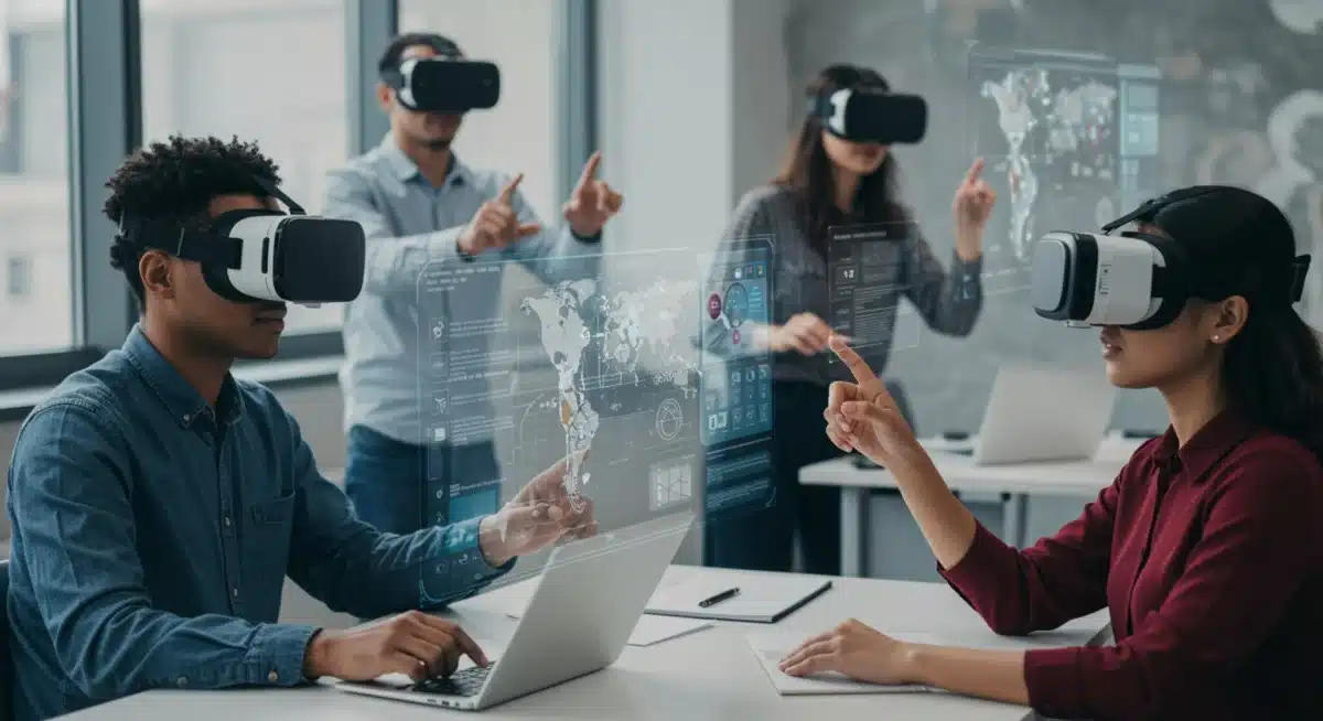 Professionals engaging in virtual reality upskilling training.