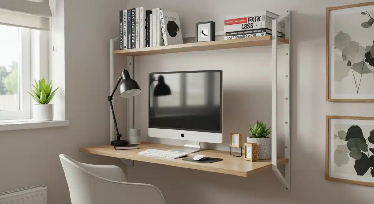 Wall-mounted desk with integrated shelving for small home office
