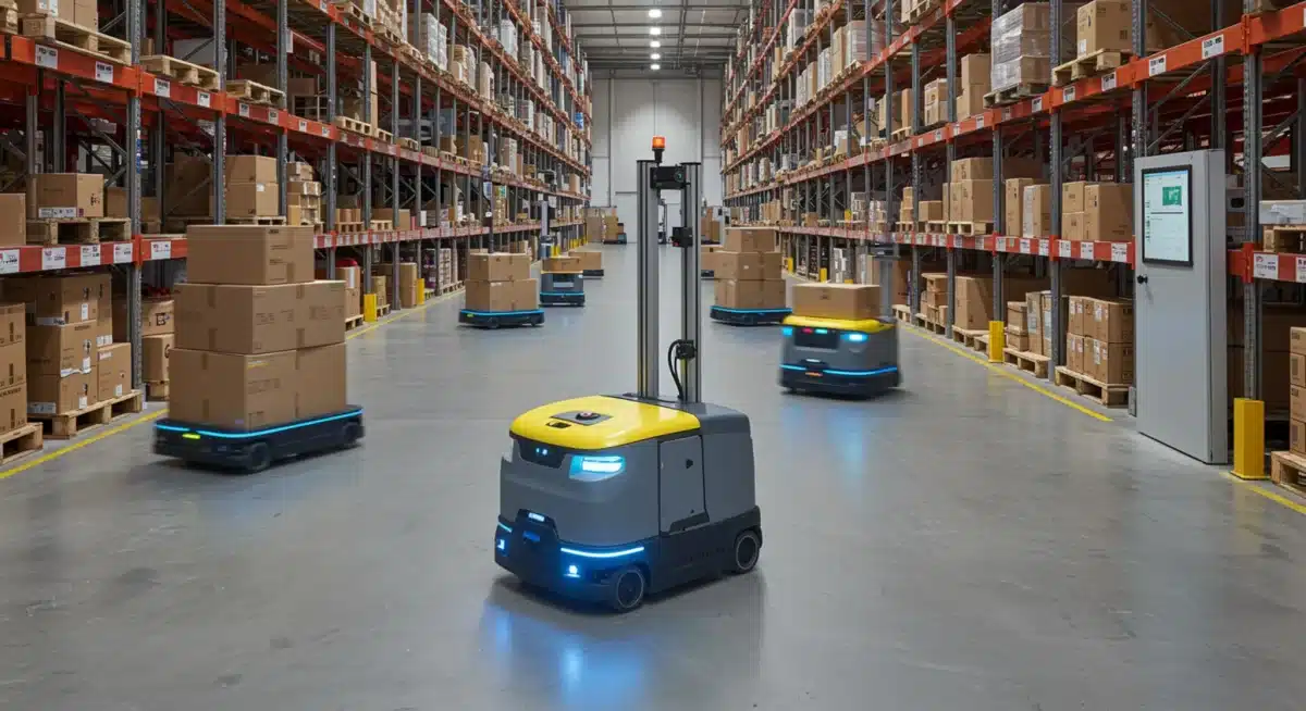 Autonomous mobile robots optimizing warehouse logistics.