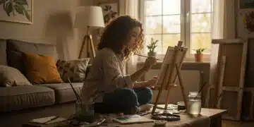 Woman painting with watercolors at home, surrounded by art supplies, enhancing creativity.